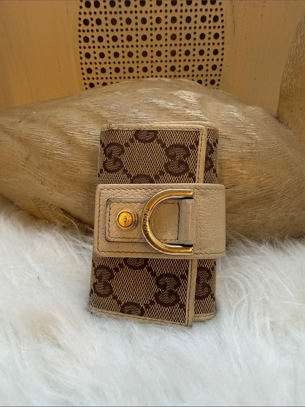 Designer-Inspired Beige and Brown Signature Wallet with Gold Accent